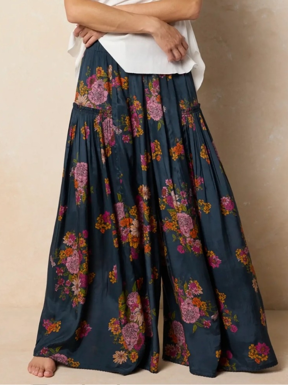 Floral Wide-Leg Maxi Pants - Navy with Pink Floral. Can Fit A S/M. Model Is 5'2
